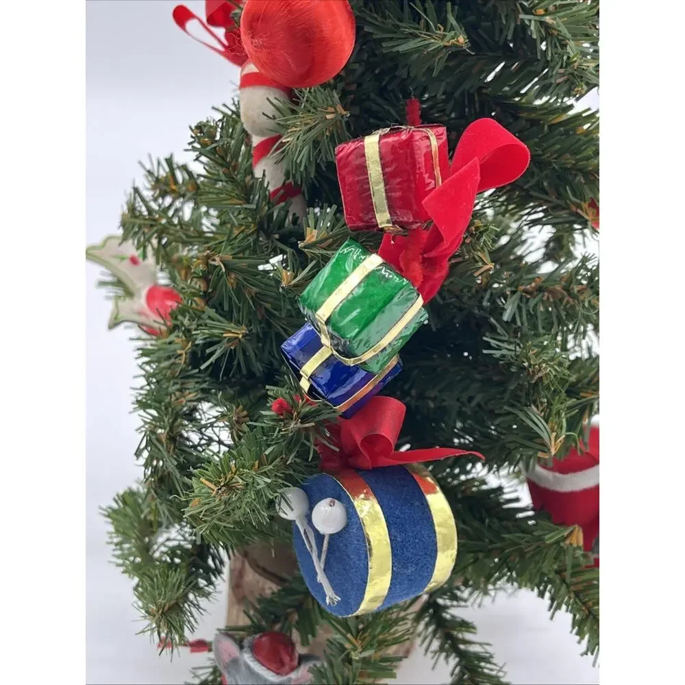 Vintage 19” Decorated Table Christmas Tree Wooden, Flocked & Folk Art Ornaments